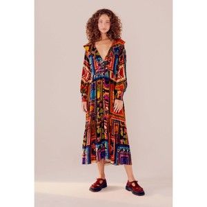 Farm Rio Patchwork Tapestry Ankle Dress S M Ruffle Neck Tiered Red Maxi Colorful